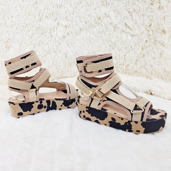 Brown Cow Print 2" Platform Harness Sandals - Picture 2 of 12